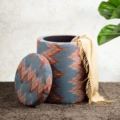 Crest Jacquard Wooden Storage Ottoman Upholstered in Blue Color