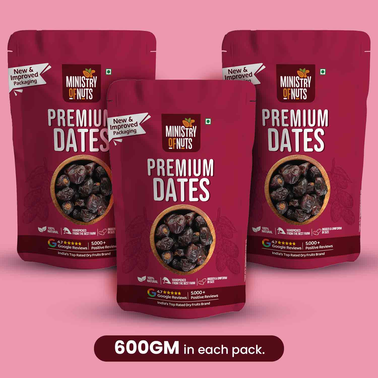Ministry Of Nuts Special Khenaizi Dates Premium Khajoor All Natural, Good Source Of Protein & Dietary Fibres, Zero Cholesterol & Trans Fat, No Sugar (Dates 600g)