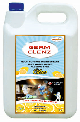 Germ  Clenz - Citrus -5 Liters| Disinfectant Liquid | Suitable for All types of surfaces | Kills 99.9% Germs| Alcohol Free| Water based | No harsh chemicals| anti microbial &Anti Viral