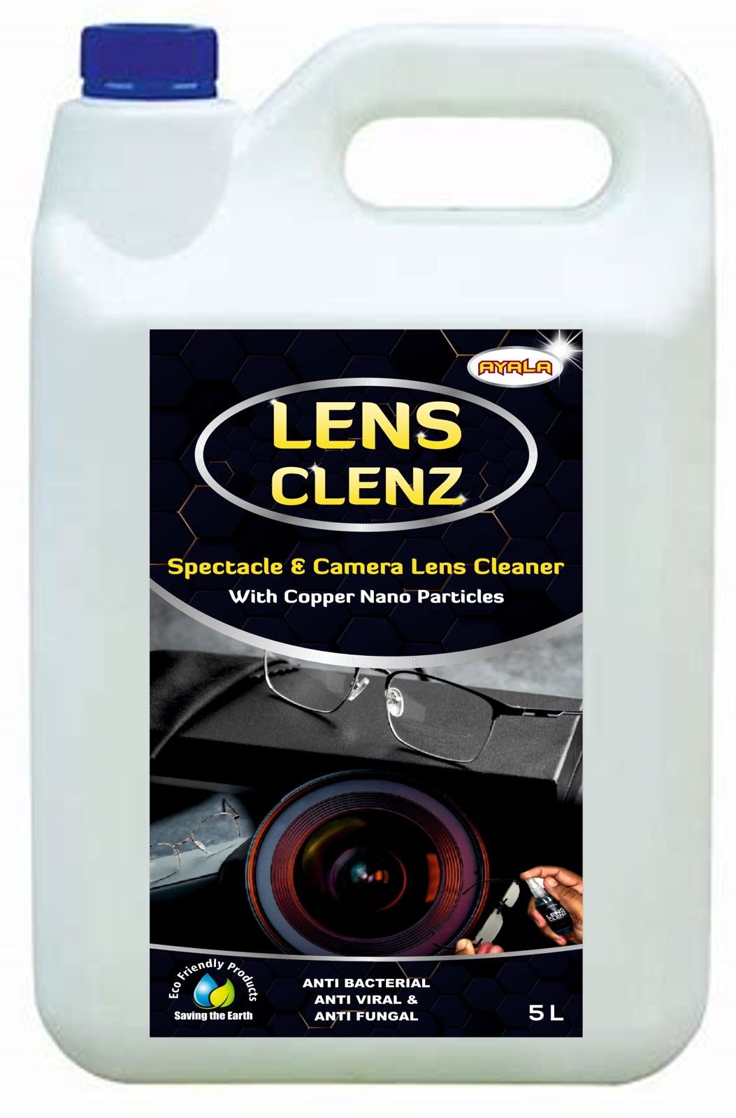 Lens Cleaner (Lens Clenz -5 L)  | Suitable and safe for All types of Lens like Spectacles, Googles, Camera lens | Kills 99.9% Germs| Alcohol Free| Water based| No harsh chemicals