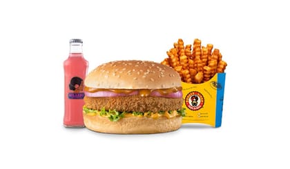 Veg Snacker Burger Value Combo __ Classic Salted Regular Fries,Gulaabo Pink Lemonade