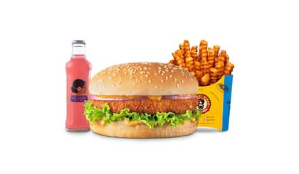 Potato Crunch Burger Value Combo __ Classic Salted Regular Fries,Gulaabo Pink Lemonade