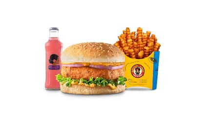 Paneer Pind-er Burger Value Combo __ Classic Salted Regular Fries,Gulaabo Pink Lemonade