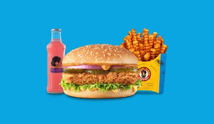 Big Crispy Chicken Burger Value Combo __ Classic Salted Regular Fries,Gulaabo Pink Lemonade