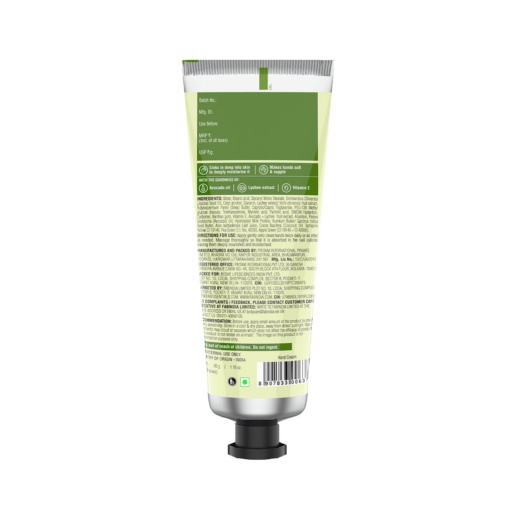 Fabessentials Avacado Lychee Hand Cream | with the Goodness of Vitamin E | Deep Moisturising Hand & Nail Care | Moisturises & makes Hands Soft & Supple - 50 gm