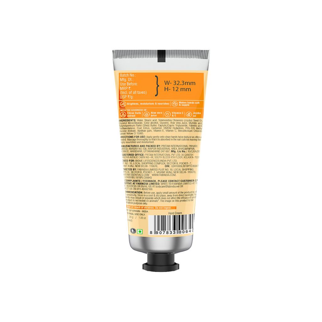 Fabessentials Vitamin C Citrus Fruits Hand  Cream | with Jojoba Seed Oil, Shea Butter, Aloe Vera Juice & Vitamin E | For Brightening, Moisturising & Nourishing Hand & Nails - 30 gm