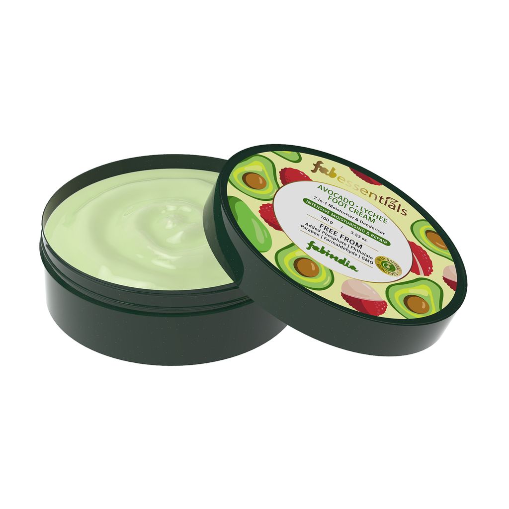 Fabessentials Avacado Lychee Foot Cream | enriched with Shea Butter & Jojoba Oil | 2-in-1 Moisturiser & Deodoriser | for Intensive Foot Moistursing & Repair - 100 gm