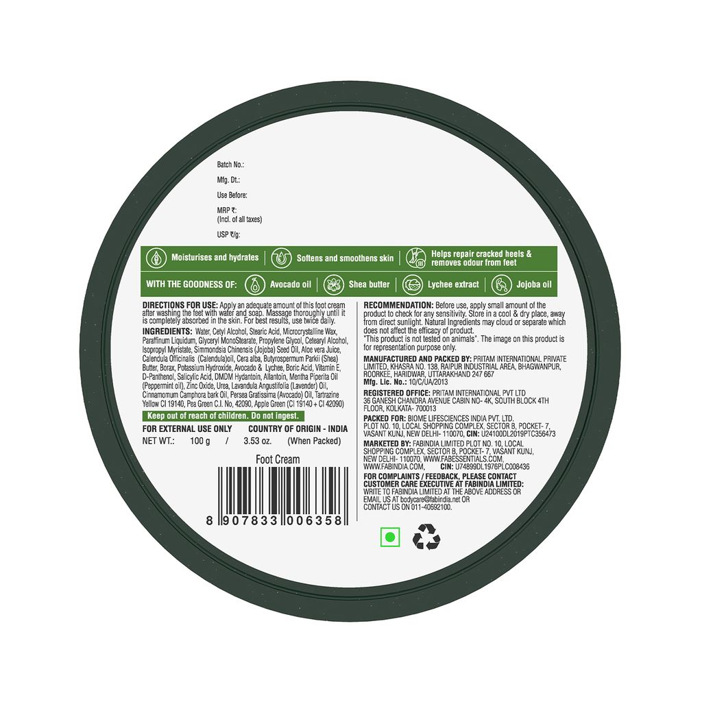 Fabessentials Avacado Lychee Foot Cream | enriched with Shea Butter & Jojoba Oil | 2-in-1 Moisturiser & Deodoriser | for Intensive Foot Moistursing & Repair - 100 gm