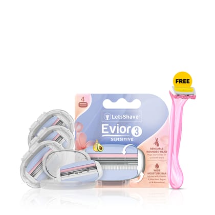 LetsShave Evior 3 Sensitive Blade Refills/Cartridges | Open Flow Hair Removal Razor Blades for Women | Made in South Korea | Rounded Head, Wide Moisture Bar with Vitamin E & Aloe Vera - Pack of 4
