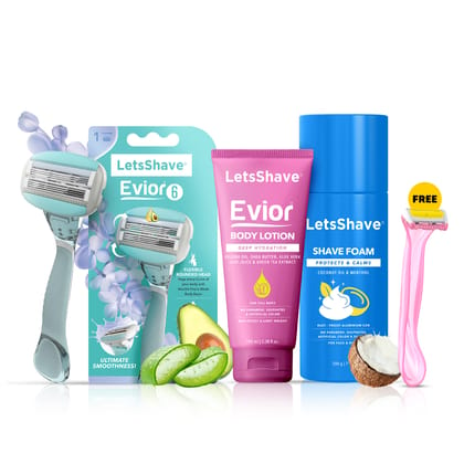 LetsShave Evior 6 Complete Care Kit for Women | Wide Head & Open Flow Cartridge | Shave Foam & Soothing Body Lotion
