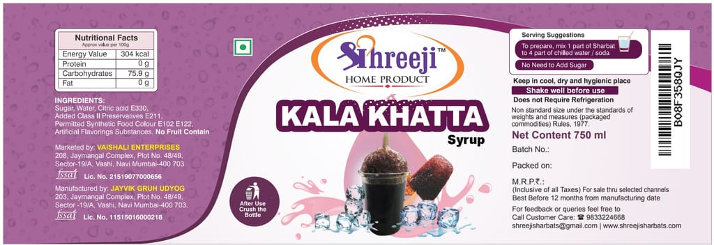 Shreeji Kala Khatta Syrup Mix with Water for Making Juice 750 ml