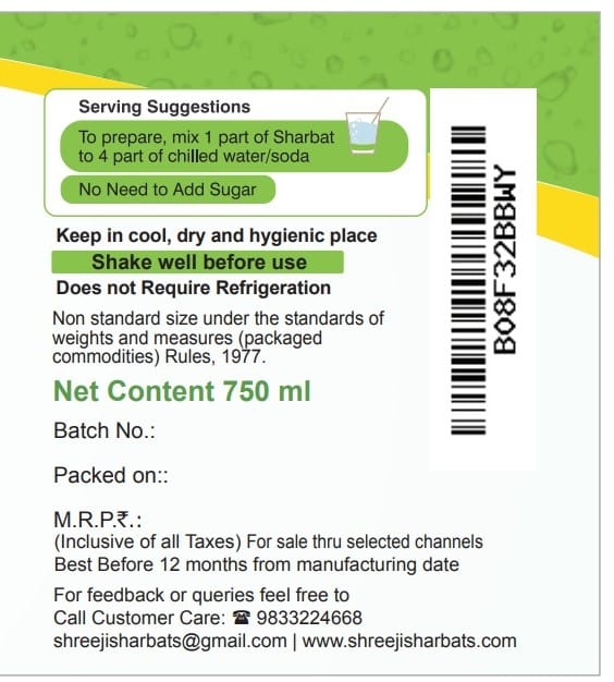 Shreeji Green Mango Syrup Mix with Water for Making Juice 750 ml