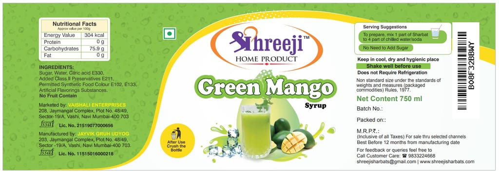 Shreeji Green Mango Syrup Mix with Water for Making Juice 750 ml