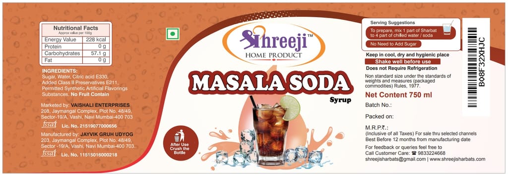 Shreeji Masala Soda Syrup Mix with Water for Making Juice 750 ml