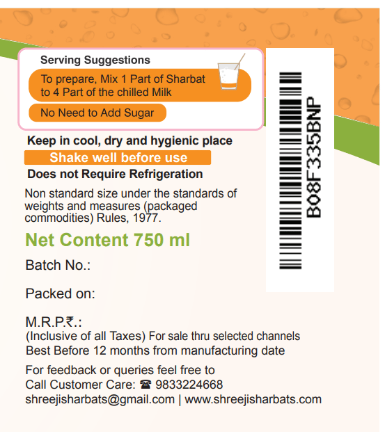 Shreeji Orange Blossm Syrup Mix With Milk For Making Milkshake 750 ml