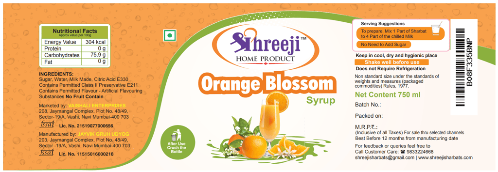 Shreeji Orange Blossm Syrup Mix With Milk For Making Milkshake 750 ml