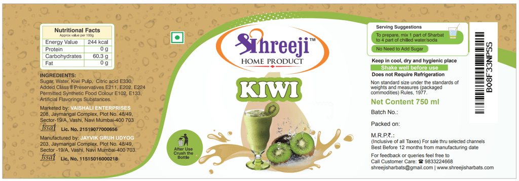 Shreeji Kiwi Syrup Mix with Water for Making Juice 750 ml