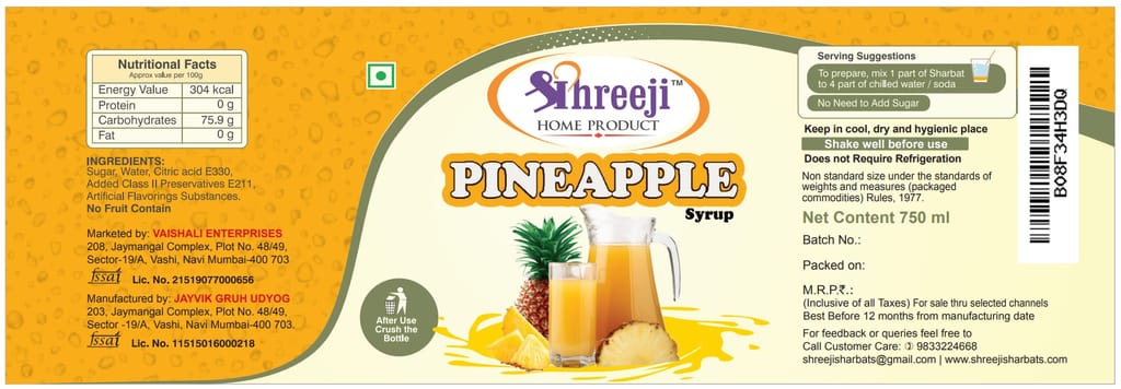 Shreeji Pineapple Syrup Mix with Water for Making Juice 750 ml