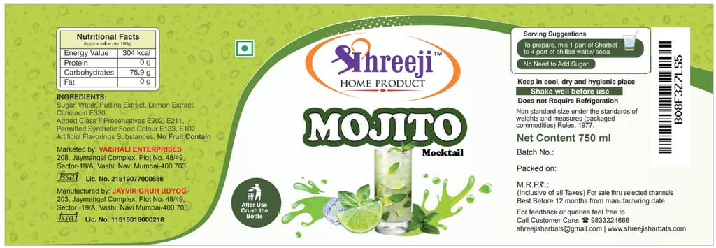 Shreeji Mojito Syrup Mix with Water for Making Juice 750 ml