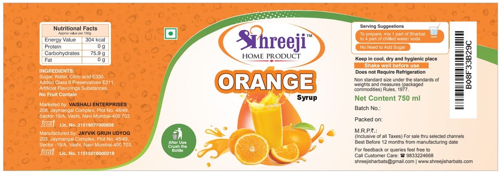 Shreeji Orange Syrup Mix with Water for Making Juice 750 ml