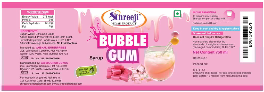 Shreeji Bubble gum Syrup Mix With Milk For Making Milkshake 750 ml