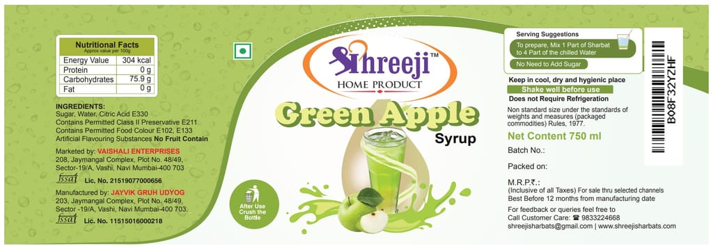 Shreeji Green Apple Syrup Mix With Water For Making Juice 750 ml