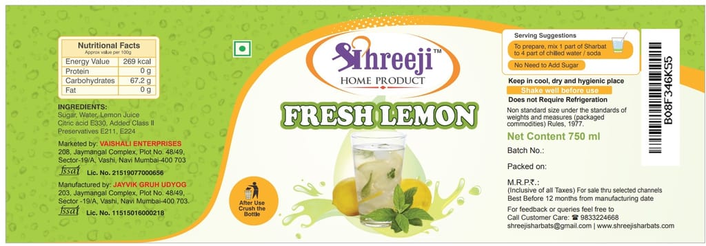 Shreeji Fresh Lemon Syrup Mix with Water for Making Juice 750 ml