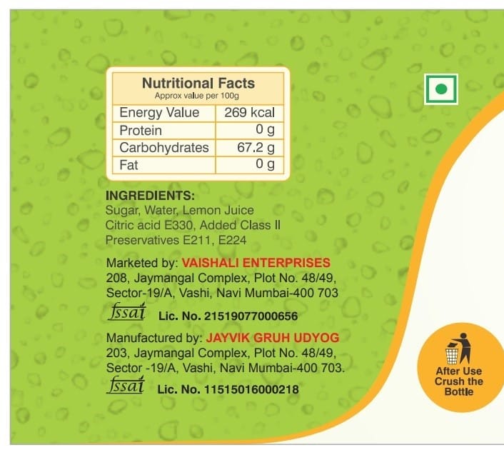 Shreeji Fresh Lemon Syrup Mix with Water for Making Juice 750 ml