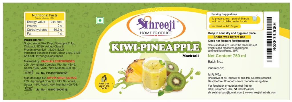 Shreeji Kiwi pineapple Syrup Mix with Water for Making Juice 750 ml