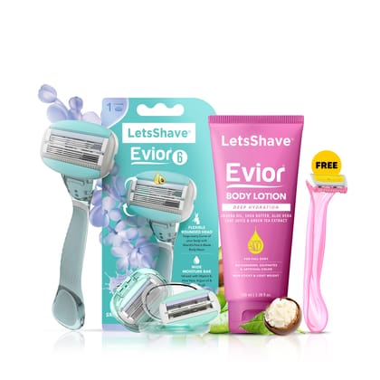 LetsShave Evior 6 Shaving Value Kit for Women, Razor+ 4 Blade refiils, Shave Foam 200 g | Full Body Hair Removal Razor for Women with Wide Head and Open Flow Cartridge