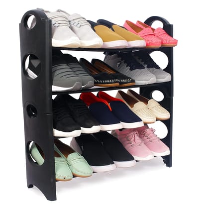 Easy to Assemble 4 Shelves, 12 Pair Metal & Plastic Shoe Rack, Black