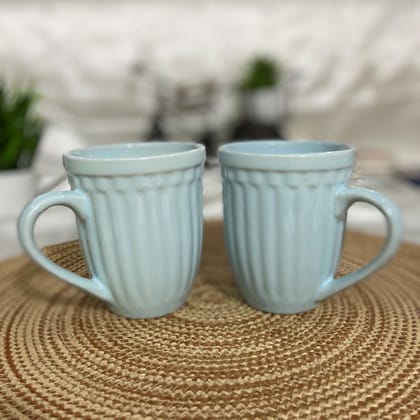 Ceramic Dining Matte Sky Blue Linear Coffee Mugs Set of 2