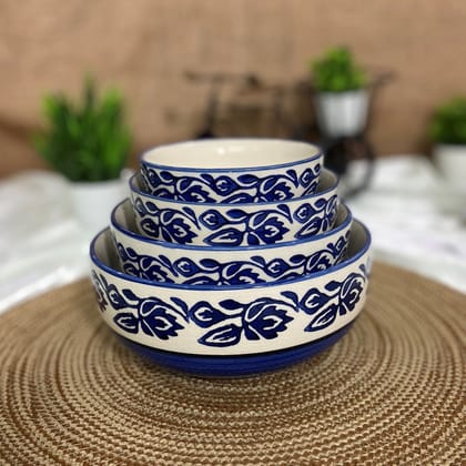 Ceramic Dining Blue Floral Hand-painted Ceramic Serving Bowls Set of 4