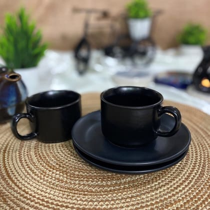 Ceramic Dining Chic Matte Black Tea cups with Saucers Set of 2