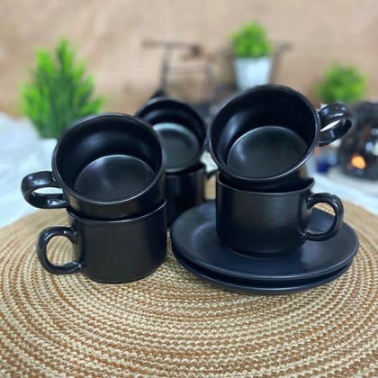 Ceramic Dining Chic Matte Black Tea cups with Saucers Set of 6