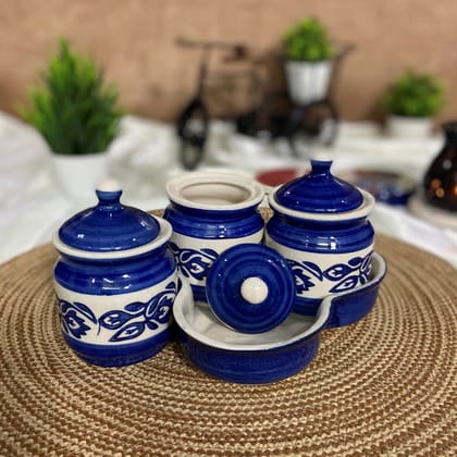 Ceramic Dining Royal Blue Floral Hand-painted Three Pickle Ceramic Jars With Tray