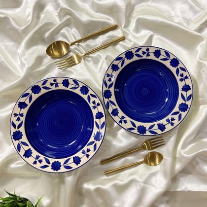 Ceramic Dining Royal Blue Floral Hand-painted Ceramic Deep Pasta Plates Set of 2