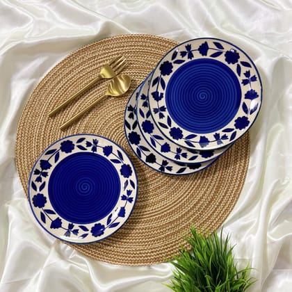 Ceramic Dining Royal Blue Floral Hand-Painted Ceramic 7Inchs Quarter Plates- Set of 4