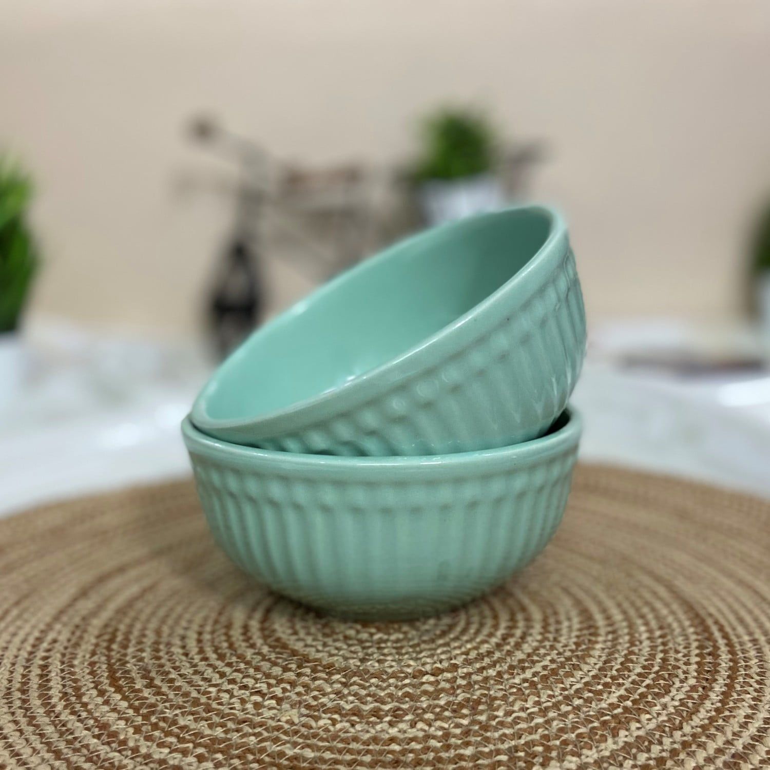 Ceramic Dining Green Linear Shaped Ceramic Soup/Cereal Bowls- Set of 2