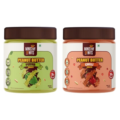 Ministry Of Nuts Pack Of 2 Pudina Smooth Peanut Butter & Chilli Smooth Peanut Butter (200g) | Chilli Peanut Butter Spread