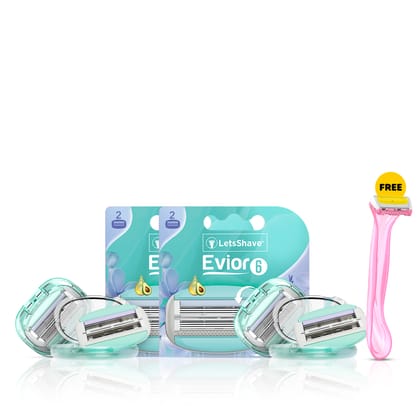 LetsShave Evior 6 Blade Refills/Cartridges for Women | Shaving Razor Blades for Full Body | Razor For Women with Lubricating Strip enriched with Aloe Vera, Vitamin E and Argan oil | Pack of 4