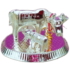 German Silver Kamdhenu Cow Calf, Decorative Showpiece For Home Decor (Dia 3 Inches)