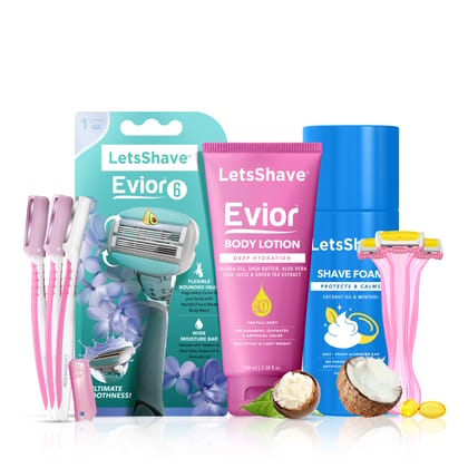 LetsShave Evior 6 Absolute Kit for Women | 6 Blade Body Razor with 3 Face Razors, Shave Foam, Body Lotion and 3 Bikini Razor | Complete Women Shaving Kit