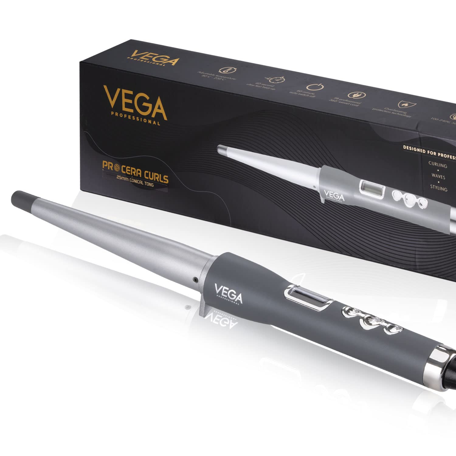 VEGA Professional Pro Cera Curls 19-25mm Conical Hair Curler with Adjustable Temperature, (VPMCT -08), Grey
