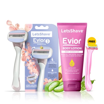 LetsShave Evior 3 Blade Full Body Razor for Women & Evior Body Lotion for Women | Hair Removal Razor | Infused with Orange Peel Extract, Shea Butter & Argan Oil