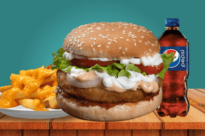 Veg Surprise Burger + Cheesy Loaded Fries + Pepsi