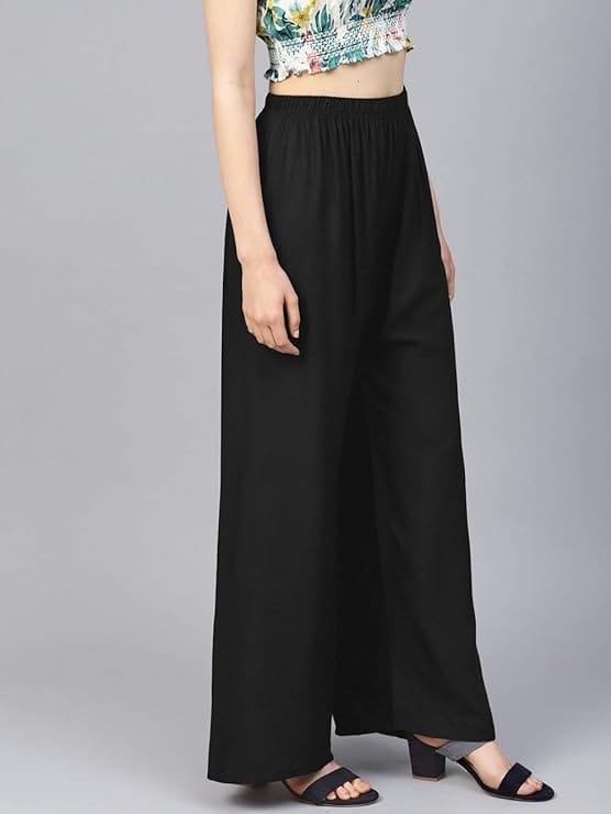 Women's Rayon Solid Soft Black Palazzo Pants Trousers