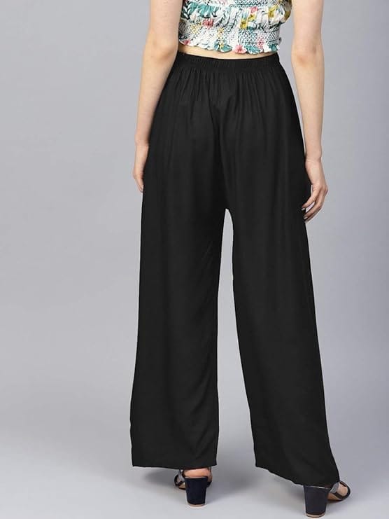 Women's Rayon Solid Soft Black Palazzo Pants Trousers