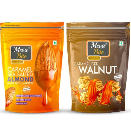 MevaBite Combo Pack of Caramelized Almonds | Jaggery Flavoured Almonds Kernels (60 Grams) | Caramel Walnuts | Jaggery Flavoured Walnut Kernels (70 Grams) (Caramelized (Almond & Walnut) 130 Grams)