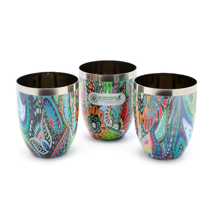 coconut Stainless Steel Printed Designer Multi Colour Water Glass/Tumbler - Capacity -300ML -Pack of 3 Glasses